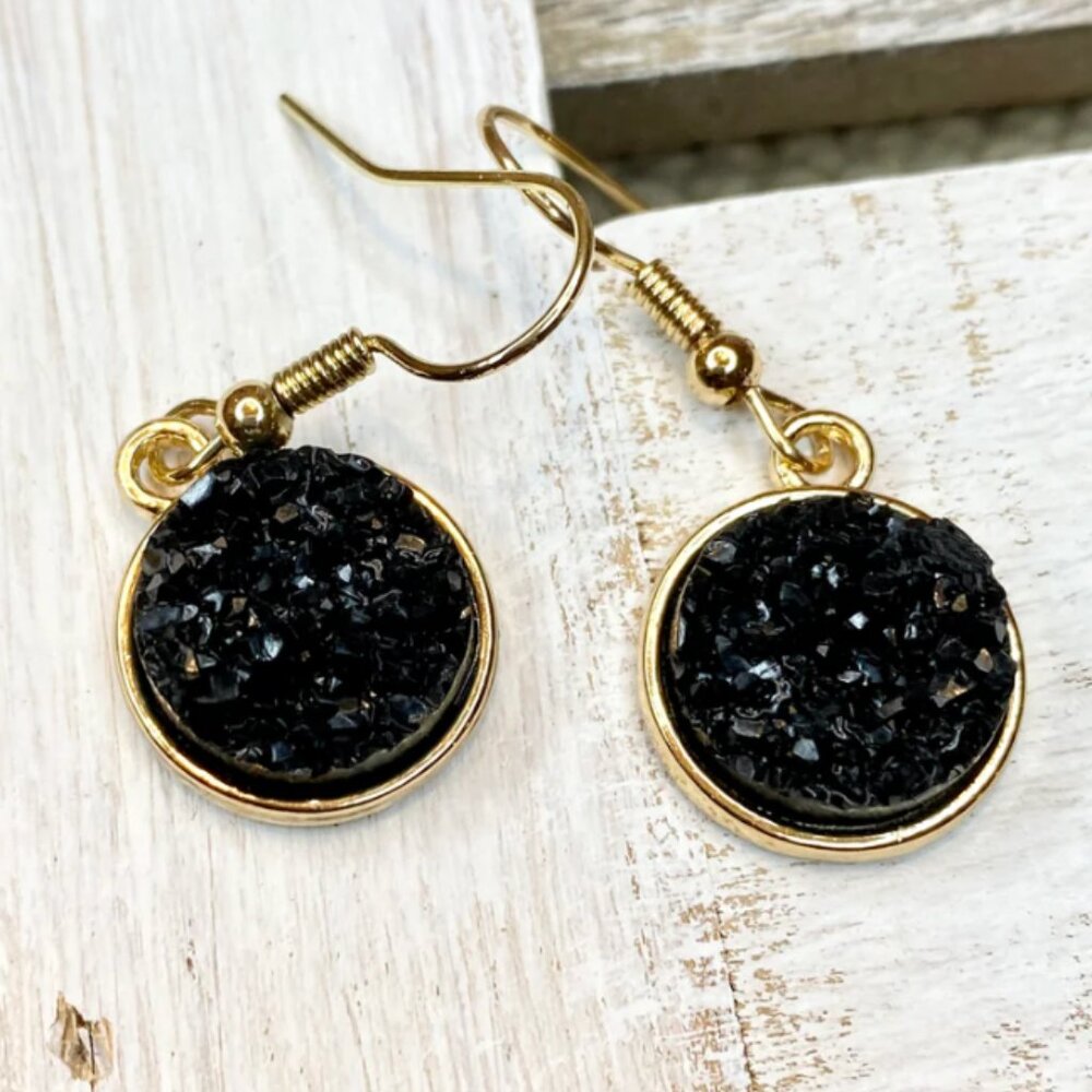 Druzy Stone Round Dangle Earrings, Black